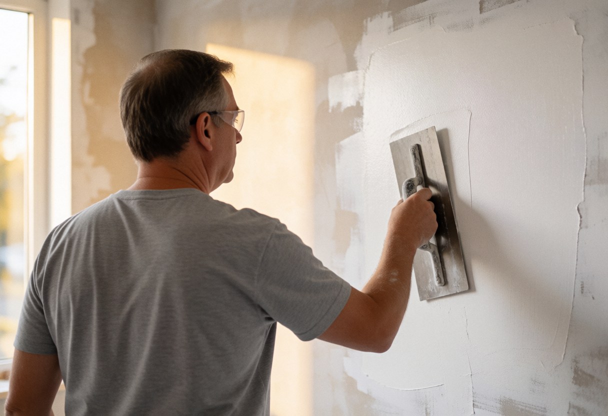 A plasterer applies white stucco to a wall using a trowel, viewed from behind in safety glasses and a gray shirt.