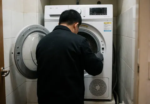 Technician checking the lock on a white dryer in a tiled room while wearing gloves and a dark uniform