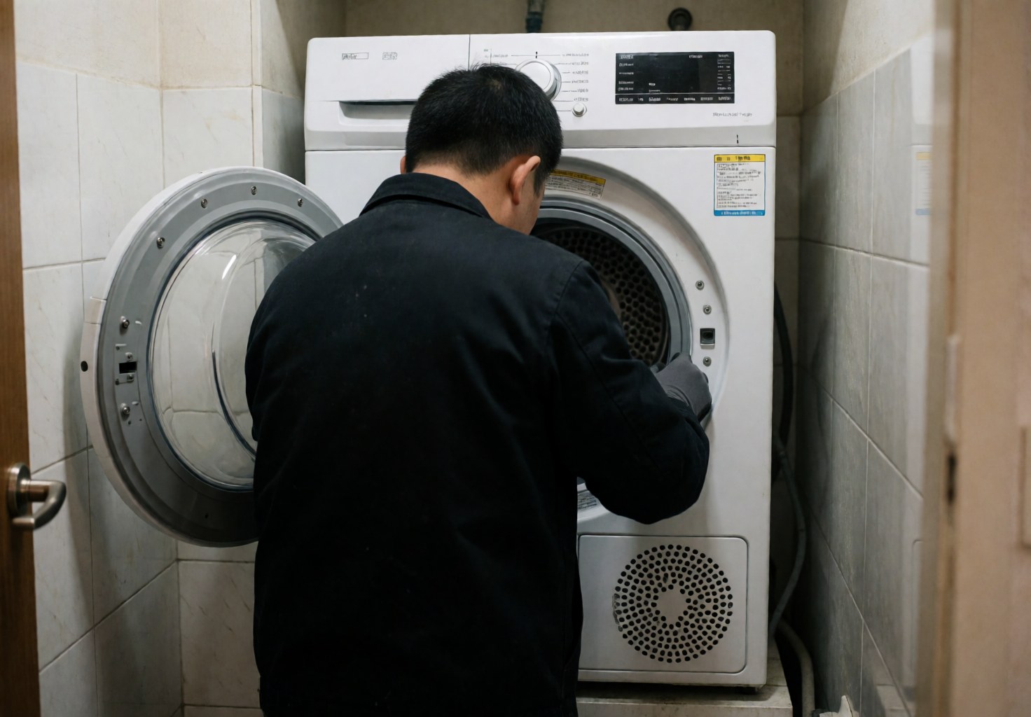 Technician checking the lock on a white dryer in a tiled room while wearing gloves and a dark uniform