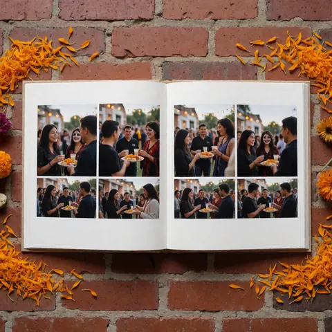 Open photo album displaying Day of the Dead celebration photos, surrounded by marigold petals on a red brick wall