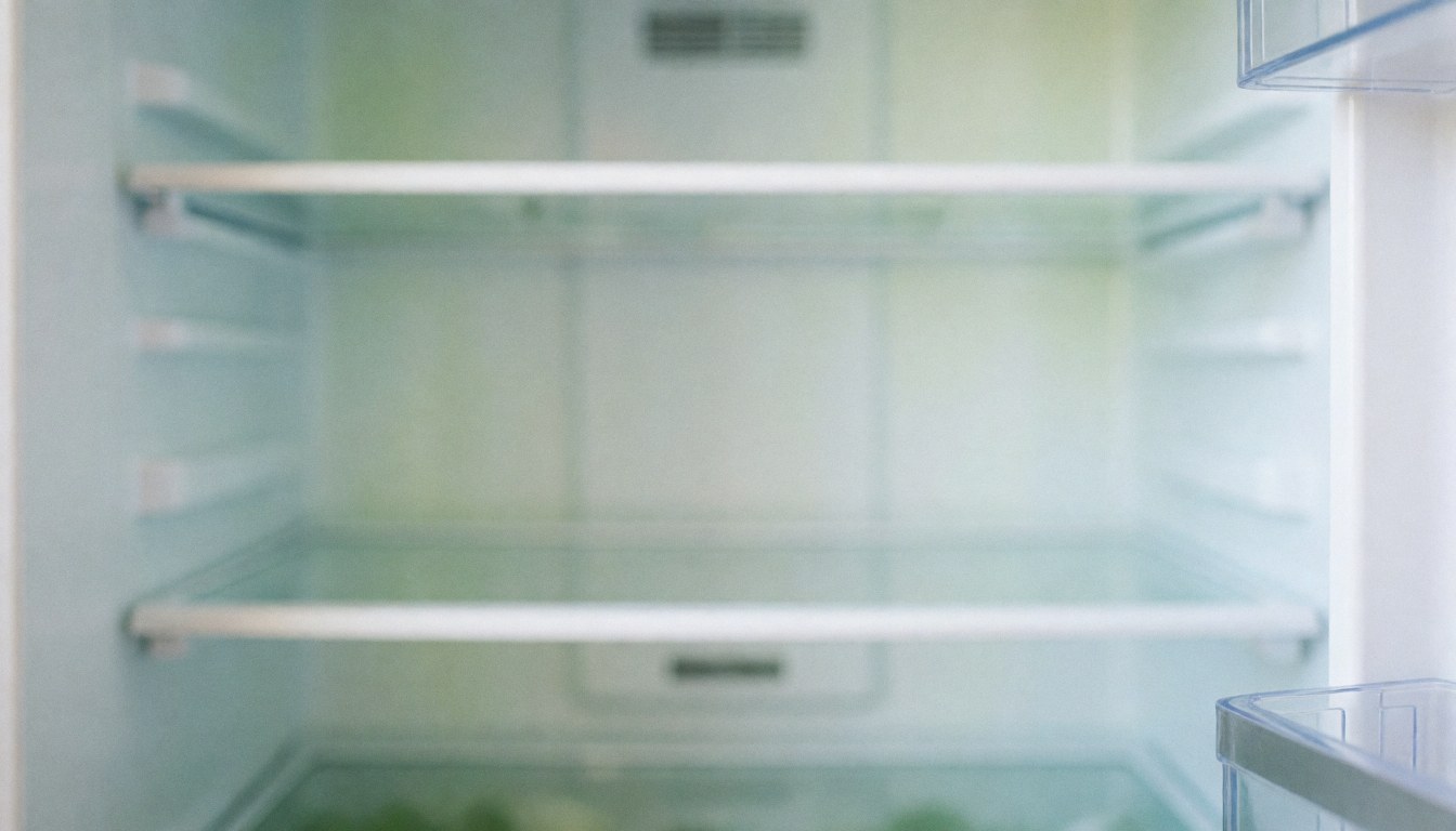 Clean white refrigerator interior with empty shelves and soft lighting, providing a neutral background for commercial text overlays.