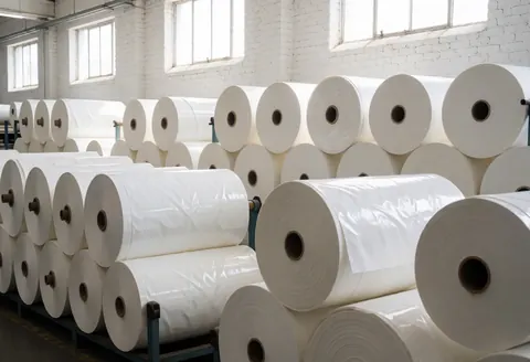Large rolls of white paper and vinyl stored on metal shelves in an industrial warehouse with white brick walls and natural light from high windows.