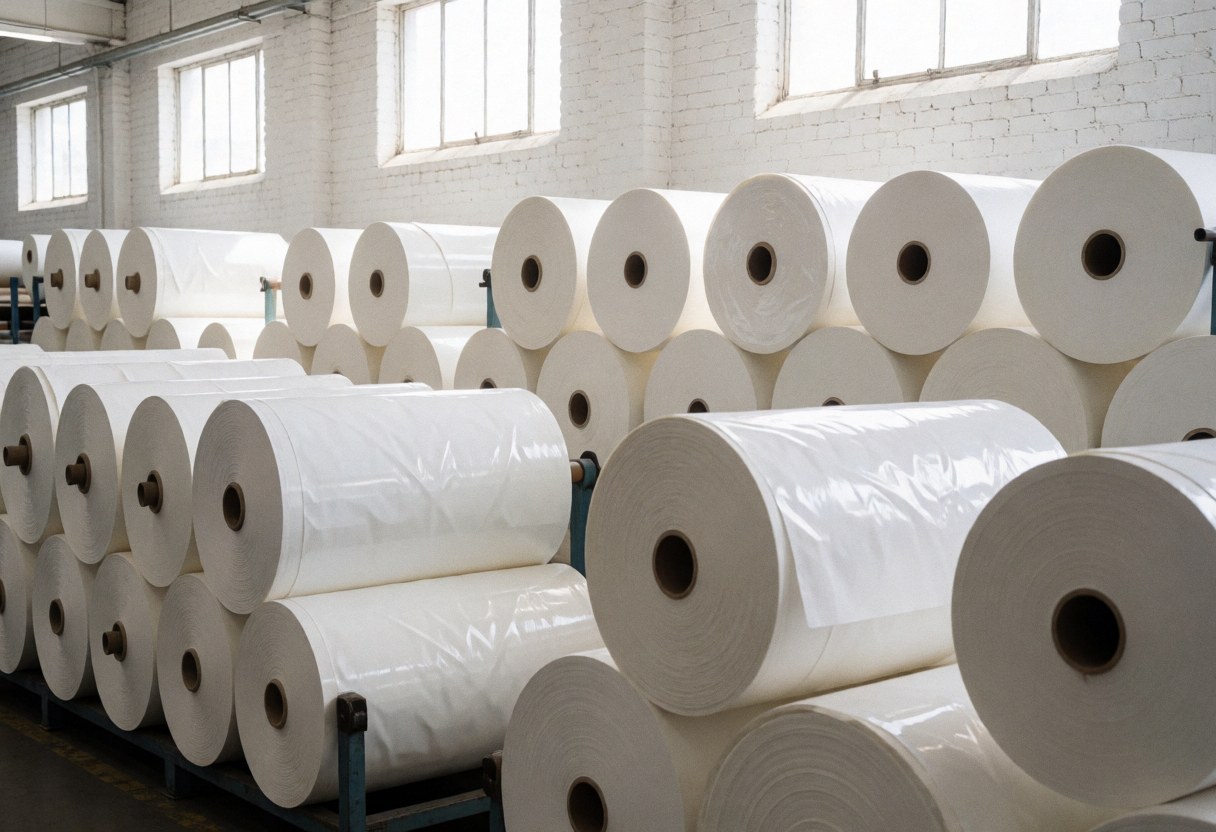 Large rolls of white paper and vinyl stored on metal shelves in an industrial warehouse with white brick walls and natural light from high windows.