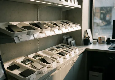 Shelves holding SSDs and RAM in a computer repair store with natural window light, concrete walls, and a clean professional environment.