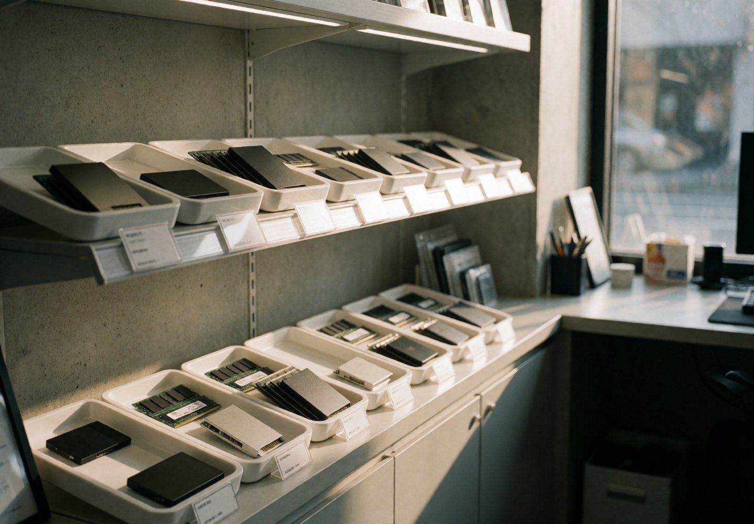 Shelves holding SSDs and RAM in a computer repair store with natural window light, concrete walls, and a clean professional environment.