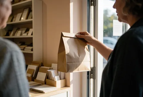 A stationery shop assistant hands a paper bag to a customer near the entrance with product shelves and natural light visible.
