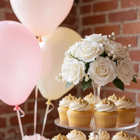 Gold cupcakes and white roses arranged on a brick wall background for event decoration