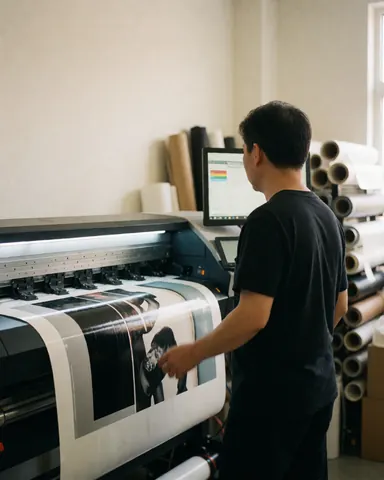 Designer overseeing large format printing with material rolls in the background