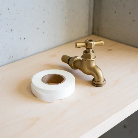 A roll of white sealing tape placed beside a bronze faucet on a light wood surface, suitable for plumbing repairs and leak prevention.