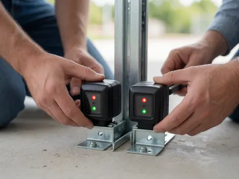 Close-up of black infrared sensors mounted on metal brackets over concrete, with red and green lights on, hands adjusting alignment near a vertical track