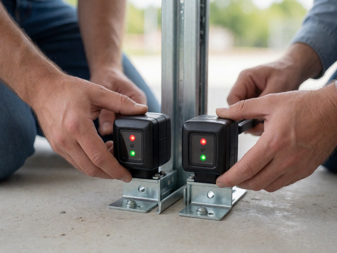 Close-up of black infrared sensors mounted on metal brackets over concrete, with red and green lights on, hands adjusting alignment near a vertical track