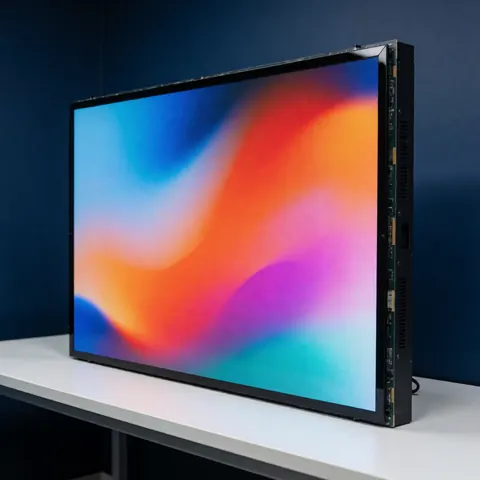 Large repaired LED display showing abstract gradient with visible circuit edges and vents on a white table against a dark blue background