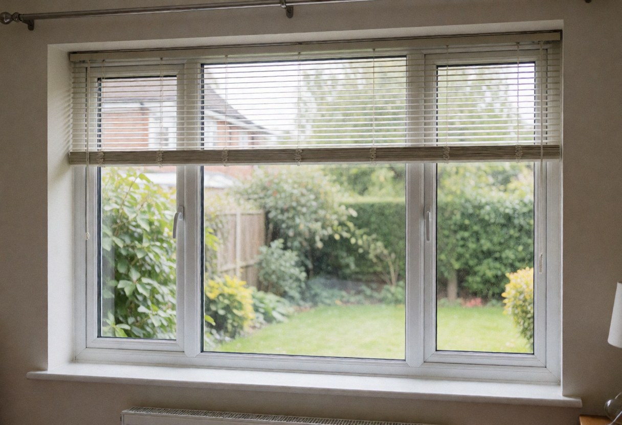 White insulated window with lowered blinds, green garden view, natural light, clean and orderly interior