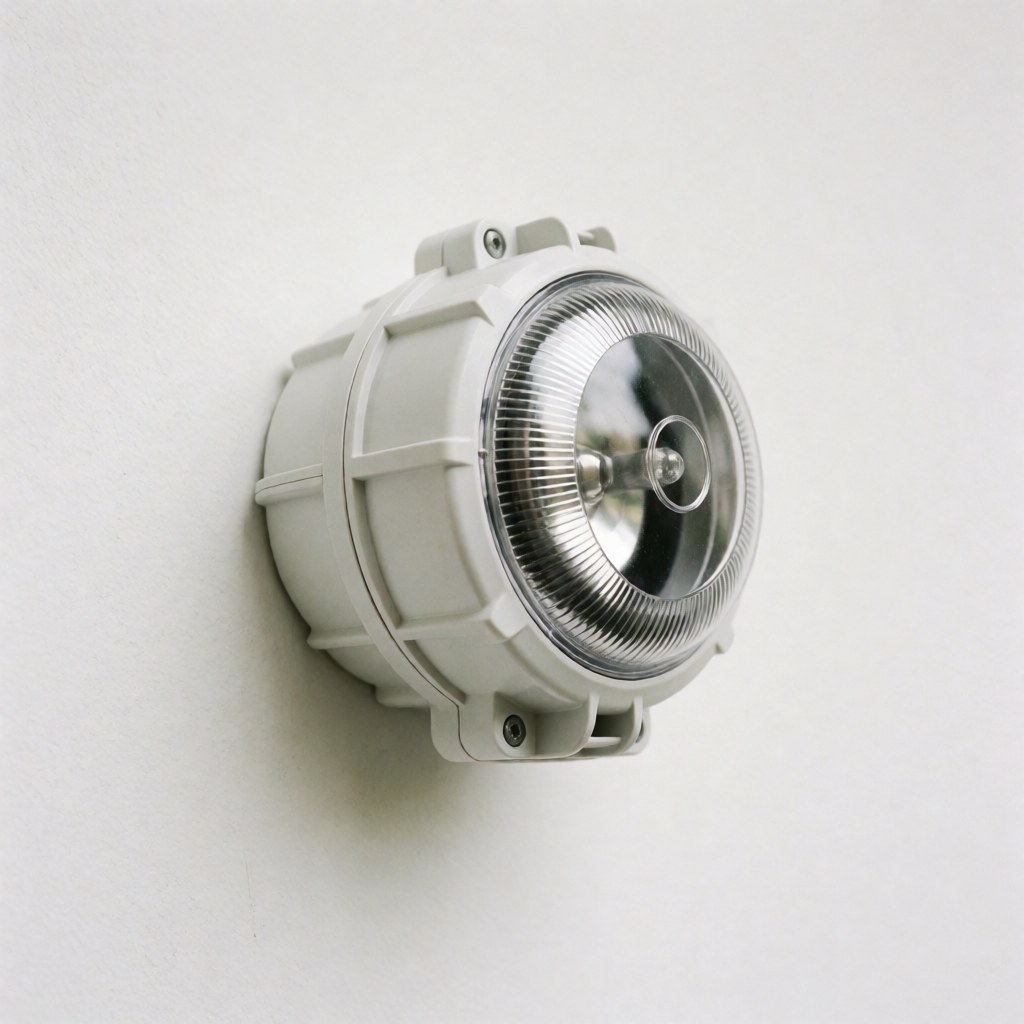 White industrial-grade outdoor alarm siren mounted on a white wall with a clear protective lens.