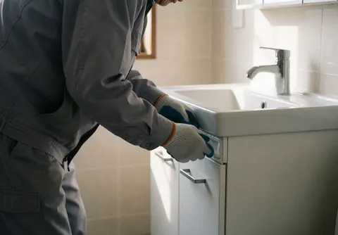 Worker installing faucet fixtures in a modern bathroom with natural light and a clean professional atmosphere