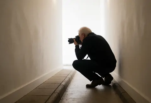 Professional photographer in silhouette crouching with camera to capture images in a hallway with white walls and natural light