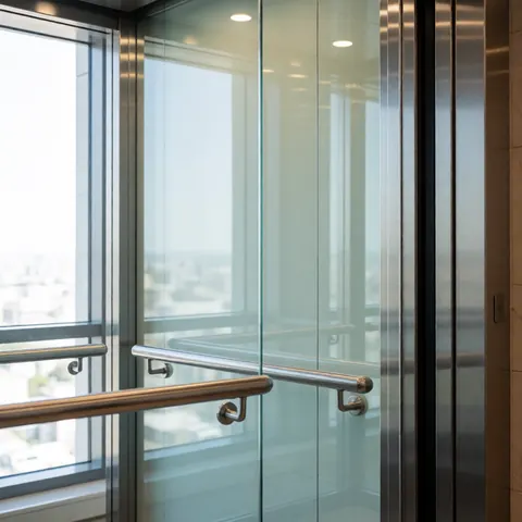 Interior view of a modern elevator cabin featuring tempered glass walls and polished stainless steel handrails illuminated by natural daylight.