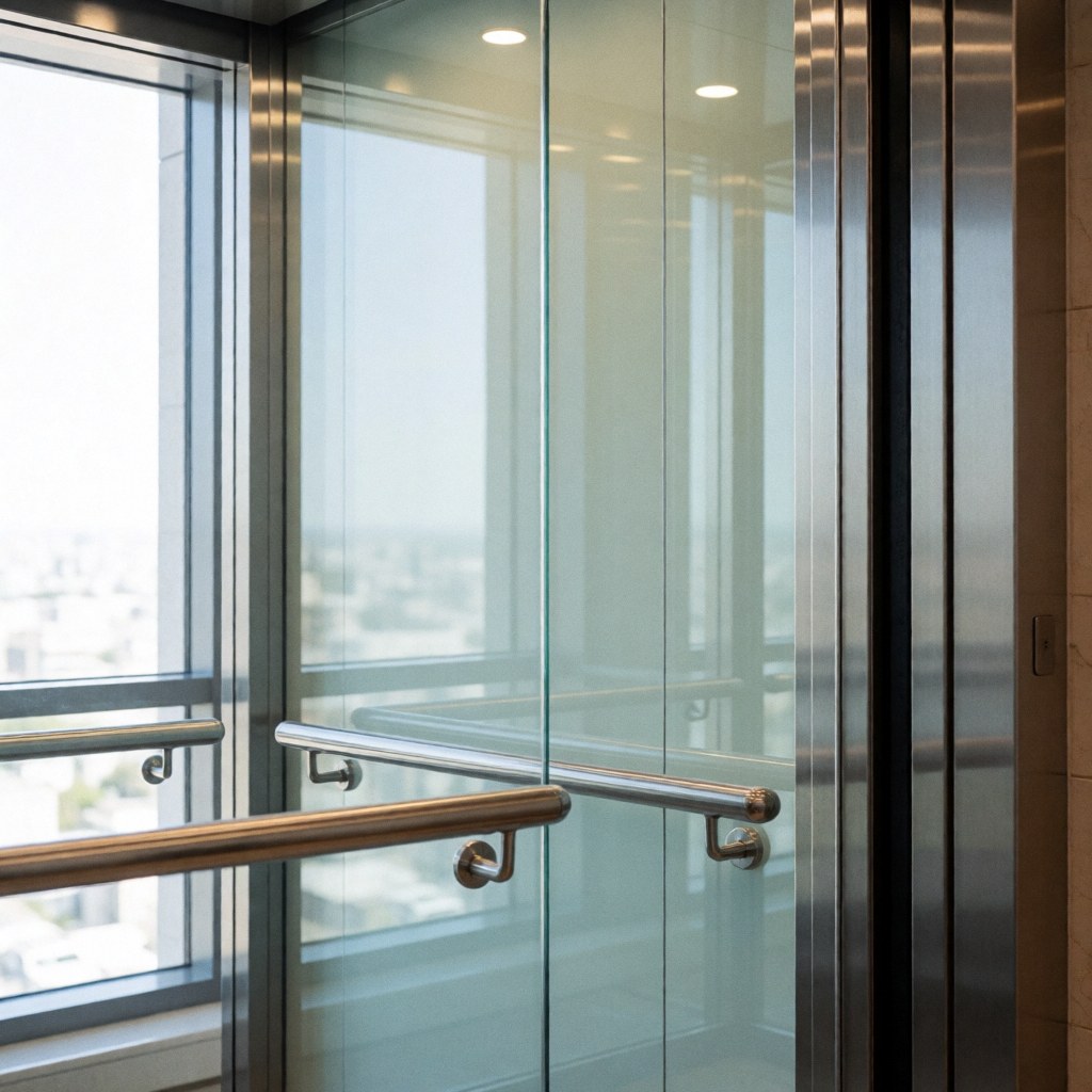 Interior view of a modern elevator cabin featuring tempered glass walls and polished stainless steel handrails illuminated by natural daylight.