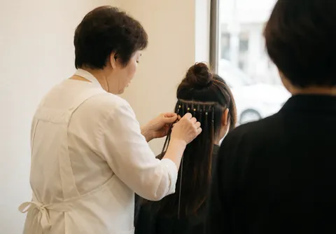Professional stylist carefully placing hair extensions on a client in a modern salon with visible tools and accessories.