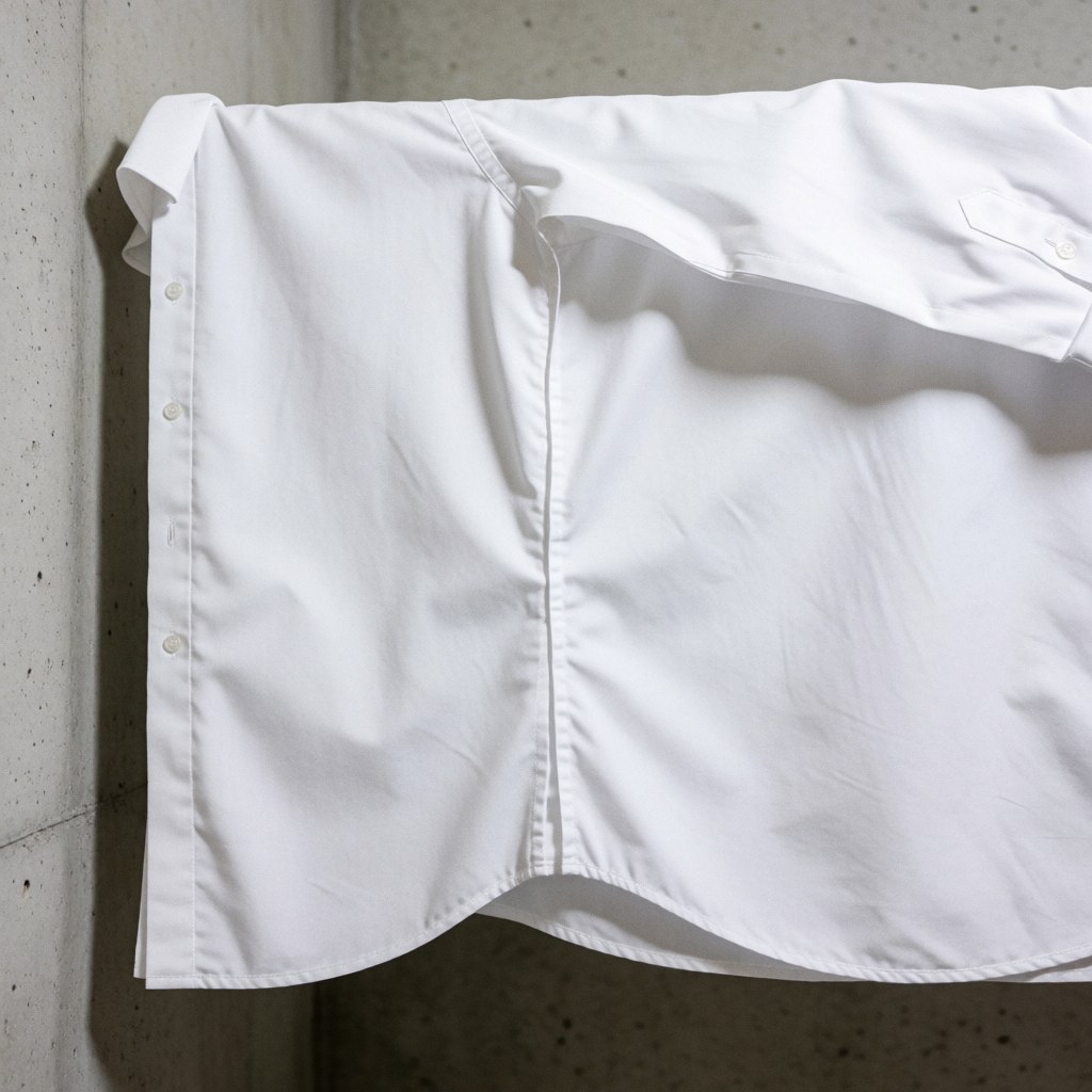 White formal shirt with a clean repaired side seam hanging against a concrete wall under bright, even lighting.