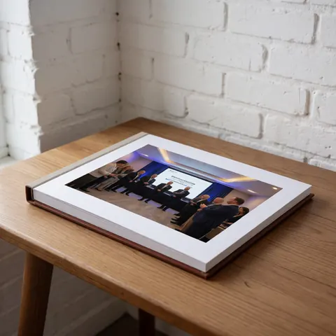 A leather-bound photo album rests on a wooden table in a white brick room, representing a professional corporate meeting.