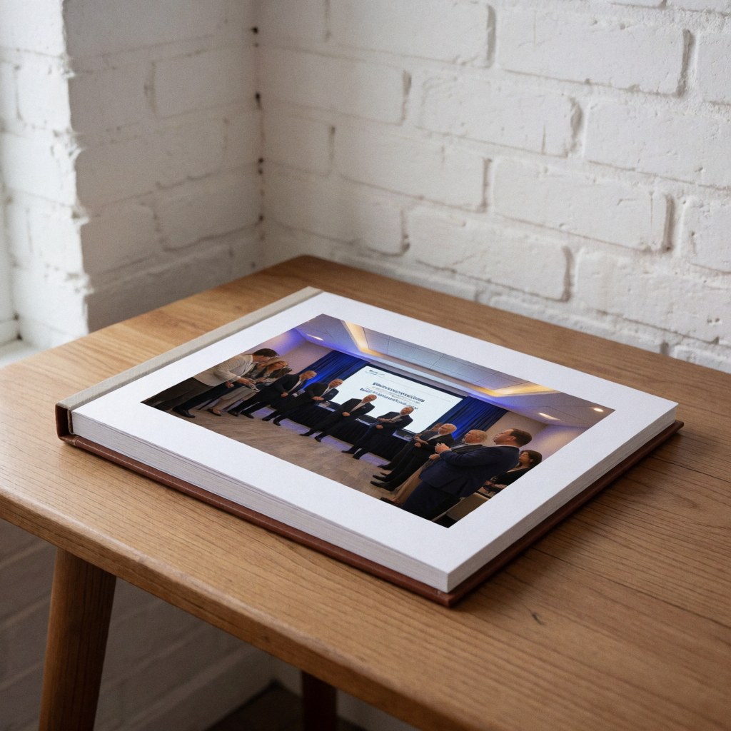 A leather-bound photo album rests on a wooden table in a white brick room, representing a professional corporate meeting.
