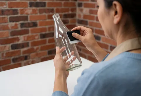 A worker uses a squeegee to apply vinyl to a glass bottle against a red brick wall in natural light
