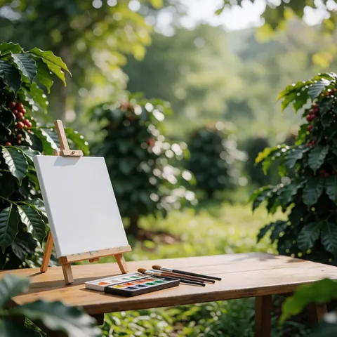 White canvas with watercolors and brushes on a wooden table surrounded by green plants and red fruits in an outdoor coffee garden setting