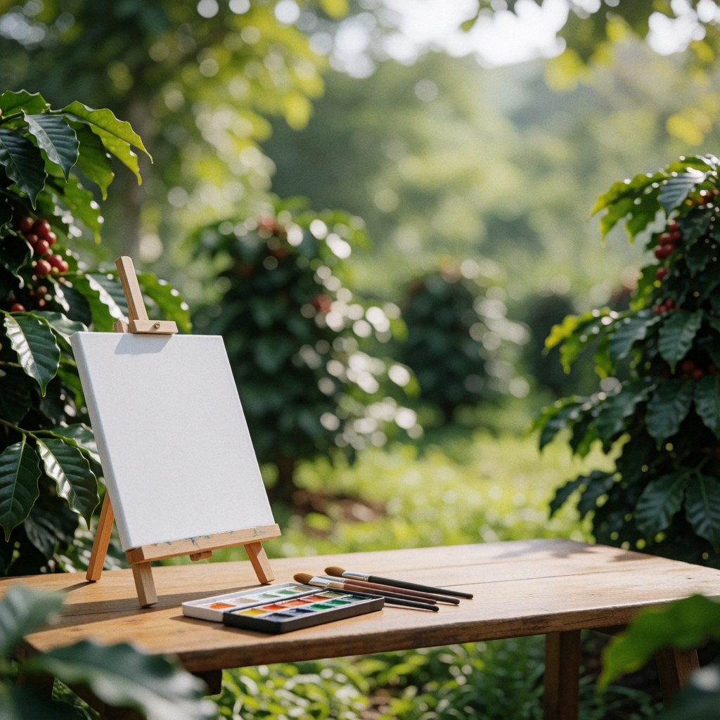 White canvas with watercolors and brushes on a wooden table surrounded by green plants and red fruits in an outdoor coffee garden setting