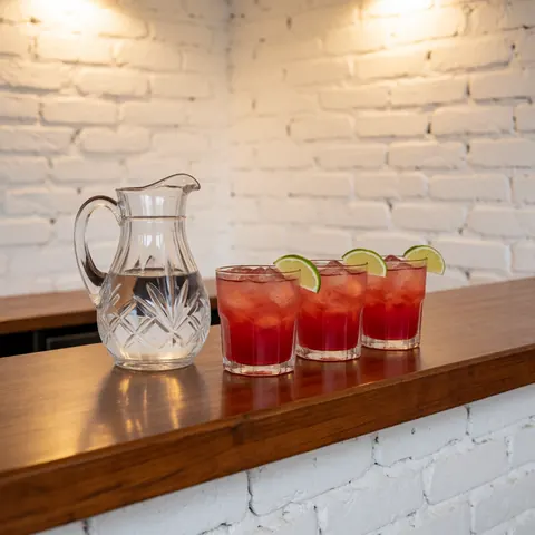 Wooden bar counter holding three red cocktails with ice and lime slices next to a water pitcher against a white brick wall