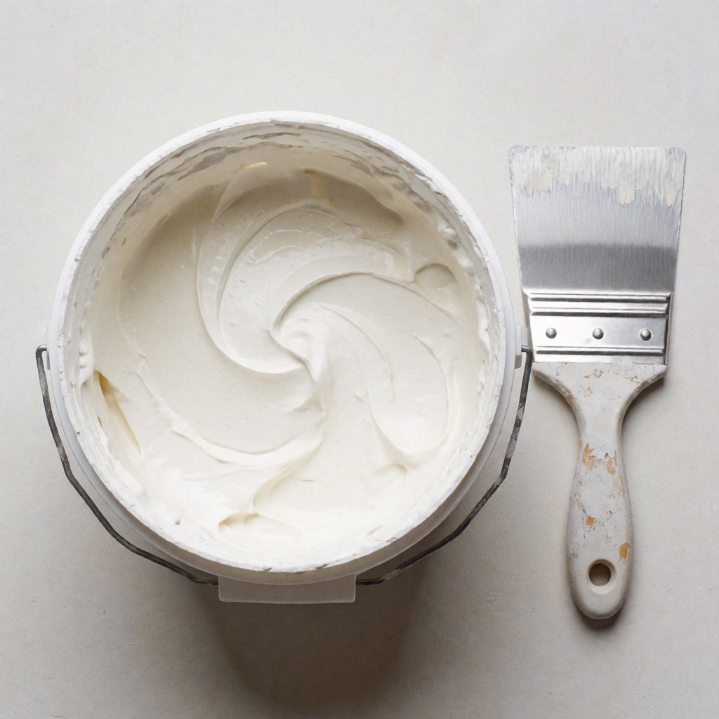 White putty bucket and painter's trowel for exterior wall repair, smooth glossy texture, even lighting