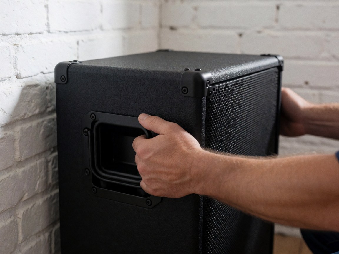 Close-up of hands holding a black professional subwoofer with a textured finish against a white brick wall, highlighting durability and quality.