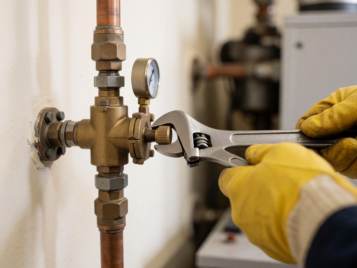 Close-up of a gloved hand using a wrench to adjust a gas regulator on a copper pipe with a blurred boiler background in a workshop setting.