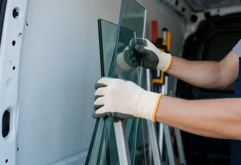 A worker wearing safety gloves arranges glass panels in the back of a pickup truck with tools visible in the background.