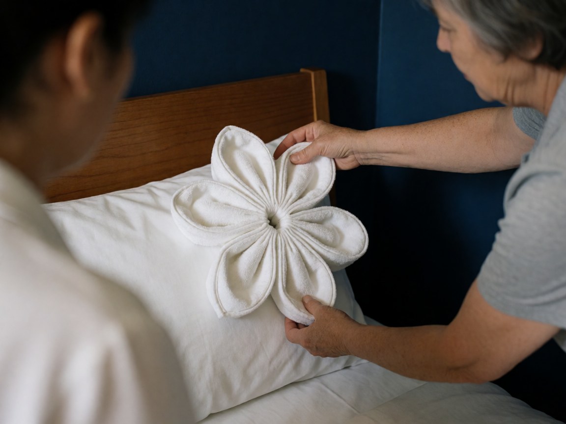 Close-up of an adult hand arranging a white towel folded into a flower shape on a white pillow against a wooden headboard and dark blue wall.
