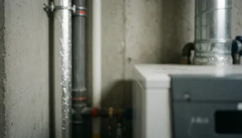 Background with insulated pipes, concrete wall, and part of a boiler in gray and metallic tones for heating service text