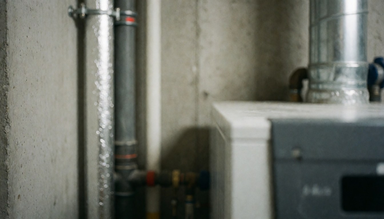 Background with insulated pipes, concrete wall, and part of a boiler in gray and metallic tones for heating service text