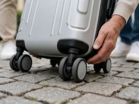 Close-up of suitcase wheels rolling over textured cobblestone pavement with hands gripping the handle