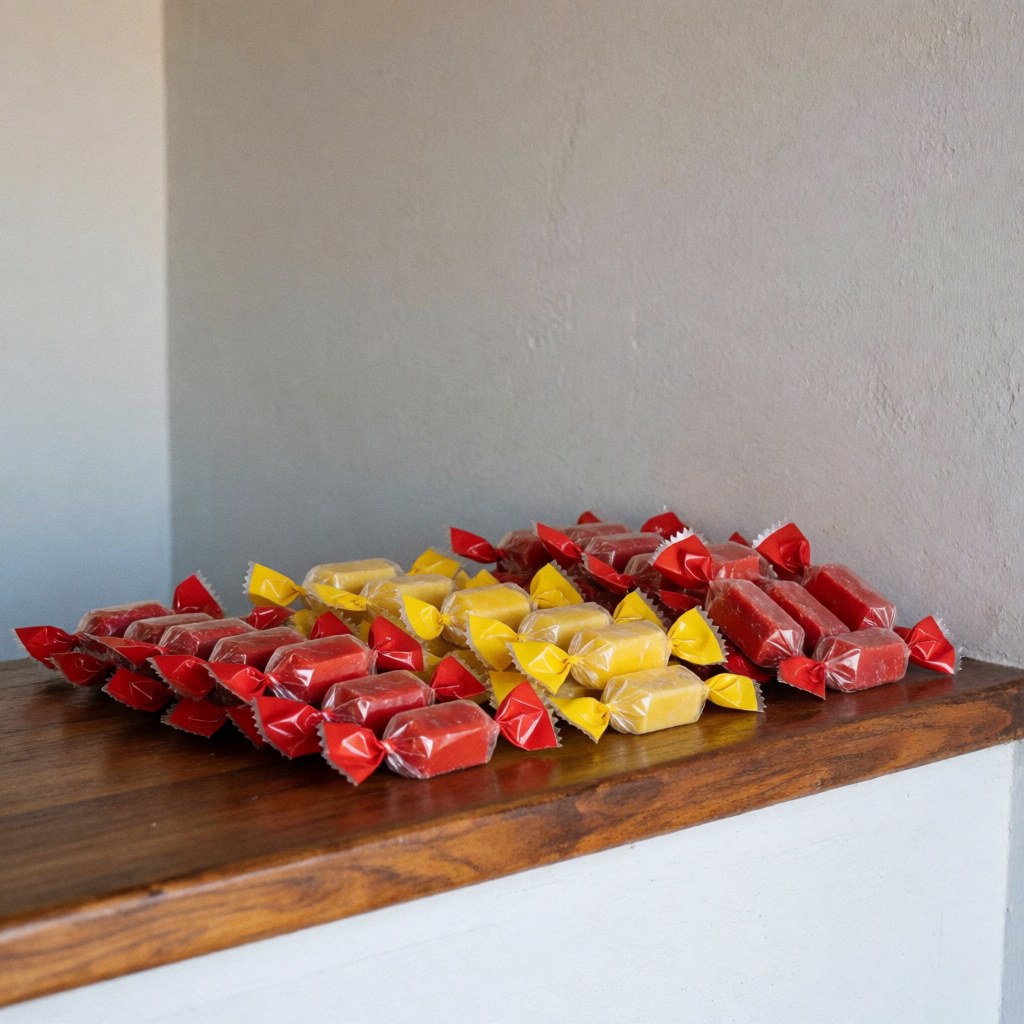 Traditional sweets arranged in a wooden box against gray walls with natural light, suitable for tourist souvenirs and bed and breakfast hospitality.
