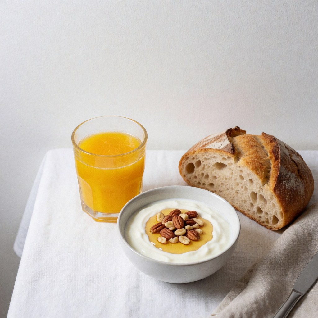rustic homemade breakfast featuring yogurt, honey, walnuts, orange juice, and artisan bread on a white tablecloth