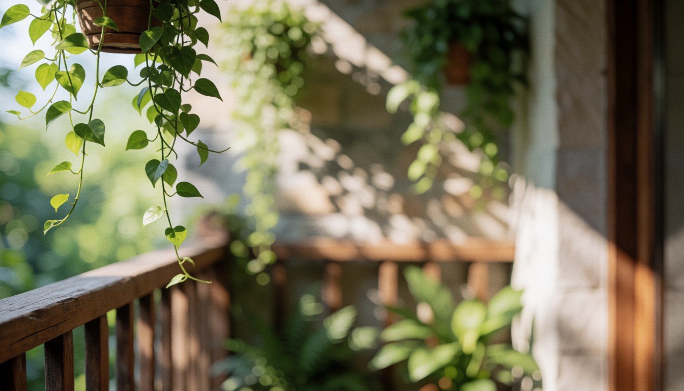 Green hanging plants on a wooden balcony railing with a stone wall and natural light shadows, ideal for text backgrounds.