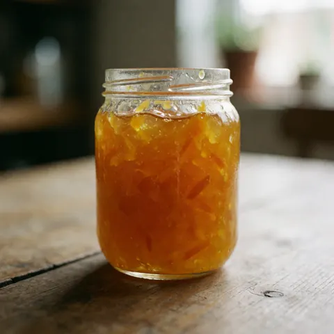 Glass jar filled with bright orange jam placed on a wooden surface with natural light and blurred background