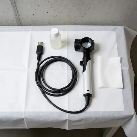 Medical cabled dermatoscope with USB cable, coupling gel, and cleaning cloth placed on a sterile white drape against a smooth concrete wall.