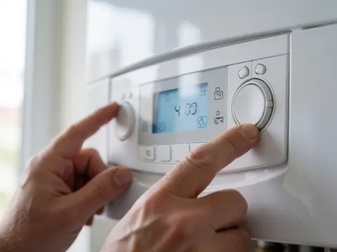 Close-up of hands turning a dial on a modern boiler thermostat with a blue digital display in a bright room