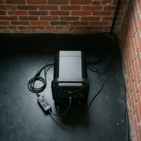 Black professional smoke machine on dark floor with cable and remote control against red brick wall for events