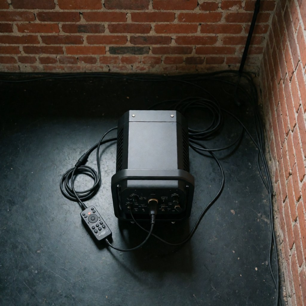 Black professional smoke machine on dark floor with cable and remote control against red brick wall for events