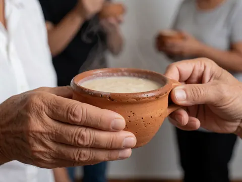 Close-up of adult hands holding a steaming clay cup of atole with a blurred background of people