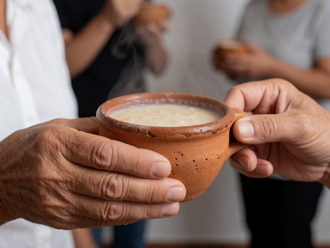 Close-up of adult hands holding a steaming clay cup of atole with a blurred background of people