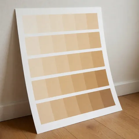 Beige gradient paint poster leaning against a white wall on a wooden floor with natural lighting highlighting the paper texture