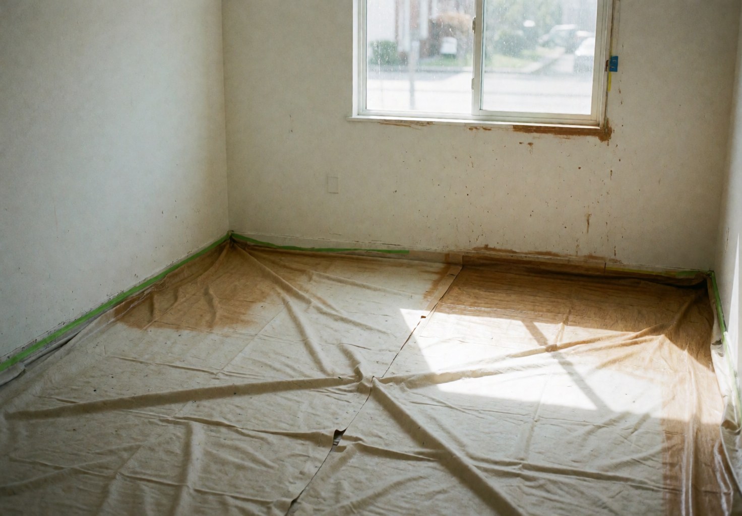 Room with white walls and floor protected by plastic for painting, natural light from window, clean space ready for work.